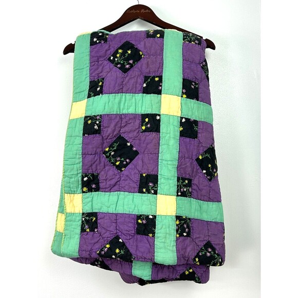 Antique Hand Stitched Square Patchwork Lattice Quilt Cream Backing 64W X 74L Rck - Picture 6 of 12